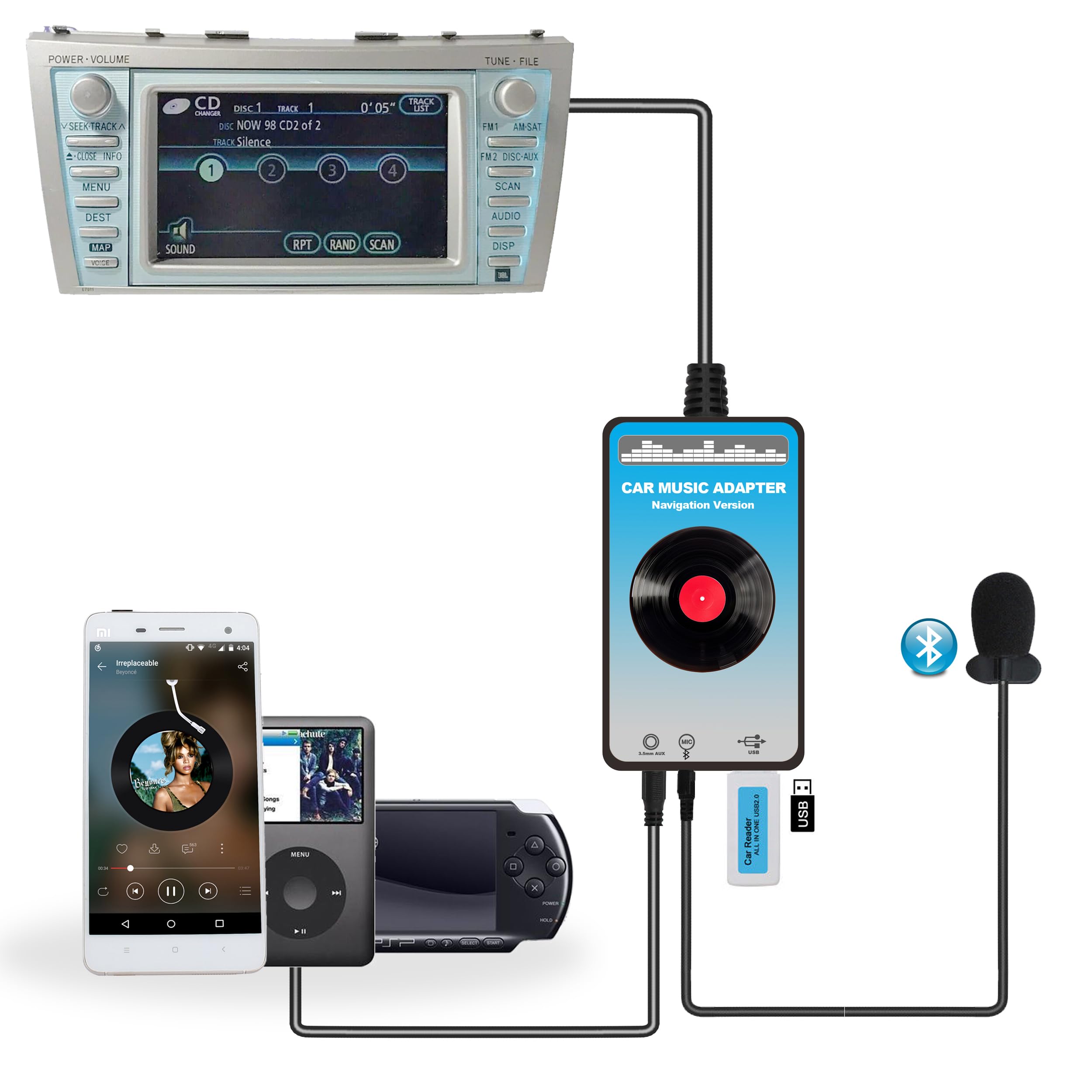 Photo 1 of Bluetooth Car Audio Input Adapter with USB AUX 3 in 1 MP3 Transmitter Hands-Free Calling Compatible with Toyota Camry Prius MarkX RX300 ES300 OEM Navigation Radio