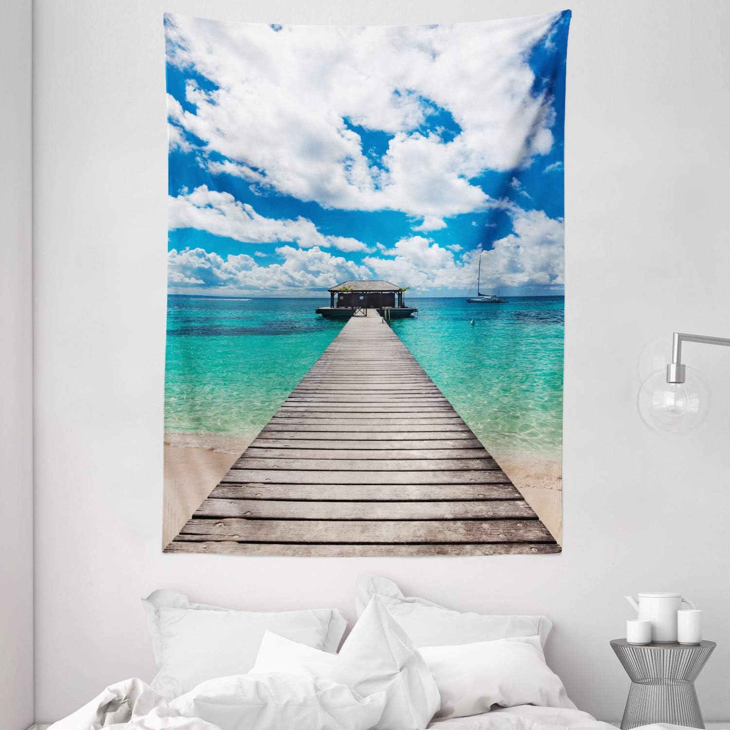 Ambesonne Ocean Tapestry, Caribbean Seascape with Jetty and Sail Boat Cloudy Sky Clear Exotic Ocean, Wall Hanging for Bedroom Living Room Dorm Decor, 60" X 80", Turquoise White