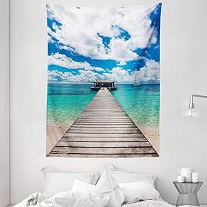 Ambesonne Ocean Tapestry, Caribbean Seascape with Jetty and Sail Boat Cloudy Sky Clear Exotic Ocean, Wall Hanging for Bedroom Living Room Dorm Decor, 60" X 80", Turquoise White