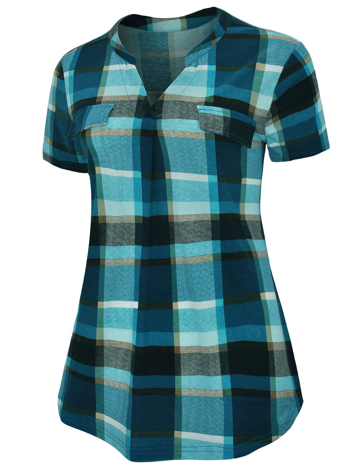 Derminpro Women\'s Plaid V Neck Casual Shirt Tunic for Leggings Curvy Sexy Blouse Tops Lake Blue X-Large