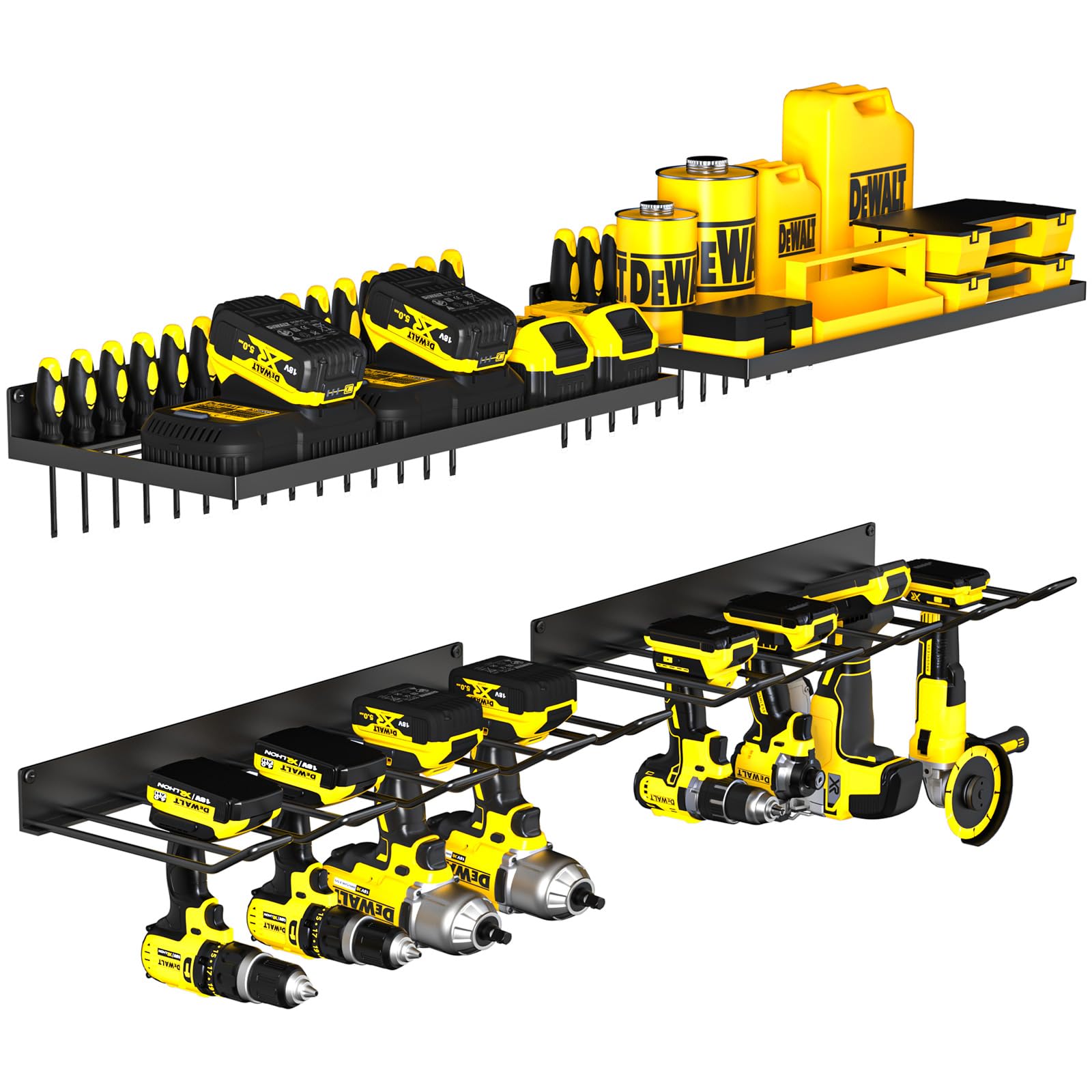 MOOMSINE Power Tool Organizer Wall Mount, Heavy Duty Tool Organizers and Storage, Cordless Drill Holder and Battery Shelf, Metal Storage Rack for Garage Organization (Drill 2 racks & 2 shelves) Image