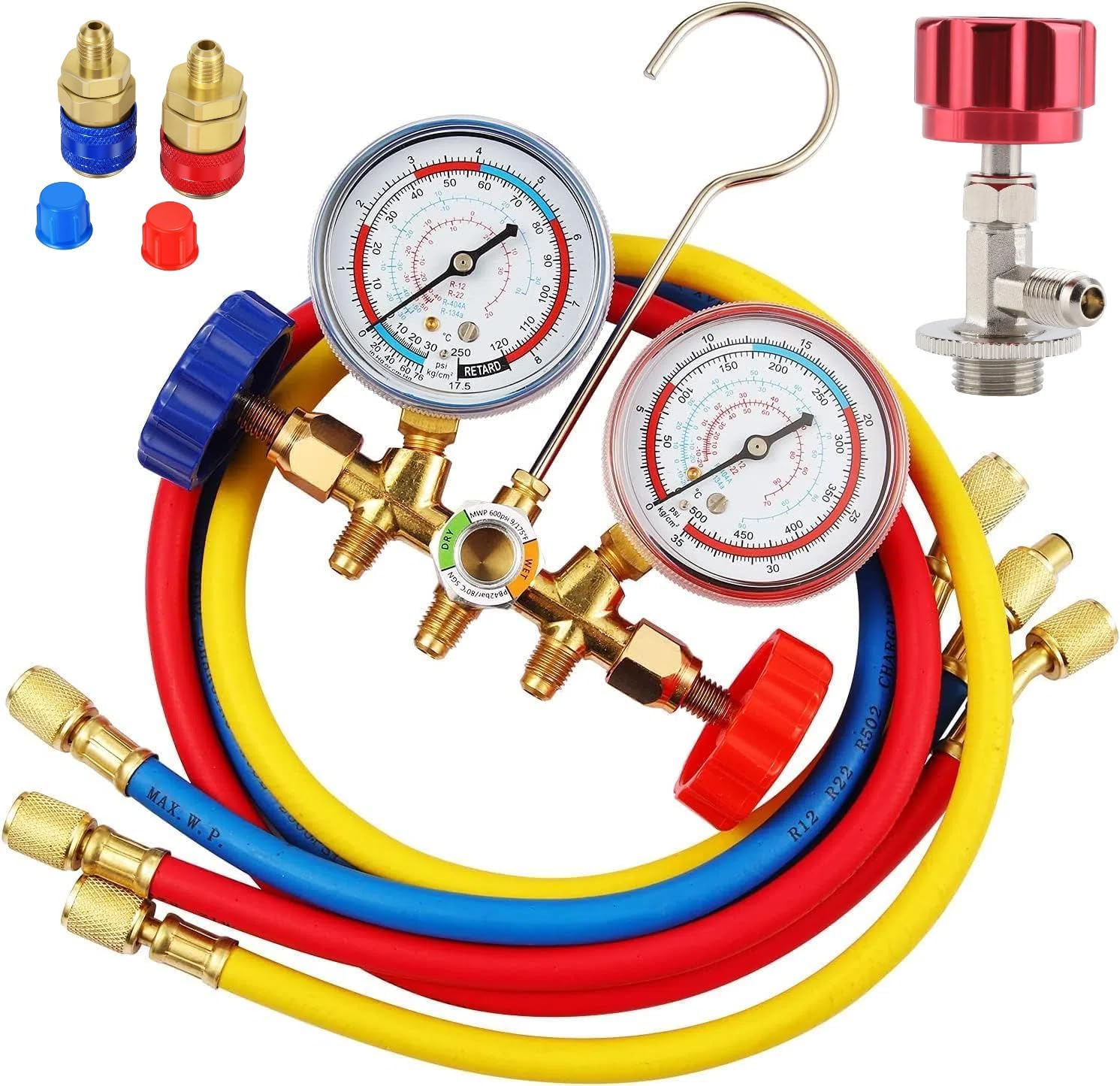 Photo 1 of R134A Manifold Gauge Set with R134a Can Tap R134a Quick Coupler,3 Way AC Diagnostic Manifold Gauge Set for R134a R12 R22 R404a Refrigerant,Automotive AC Gauge Set with 3Ft Charging Hoses