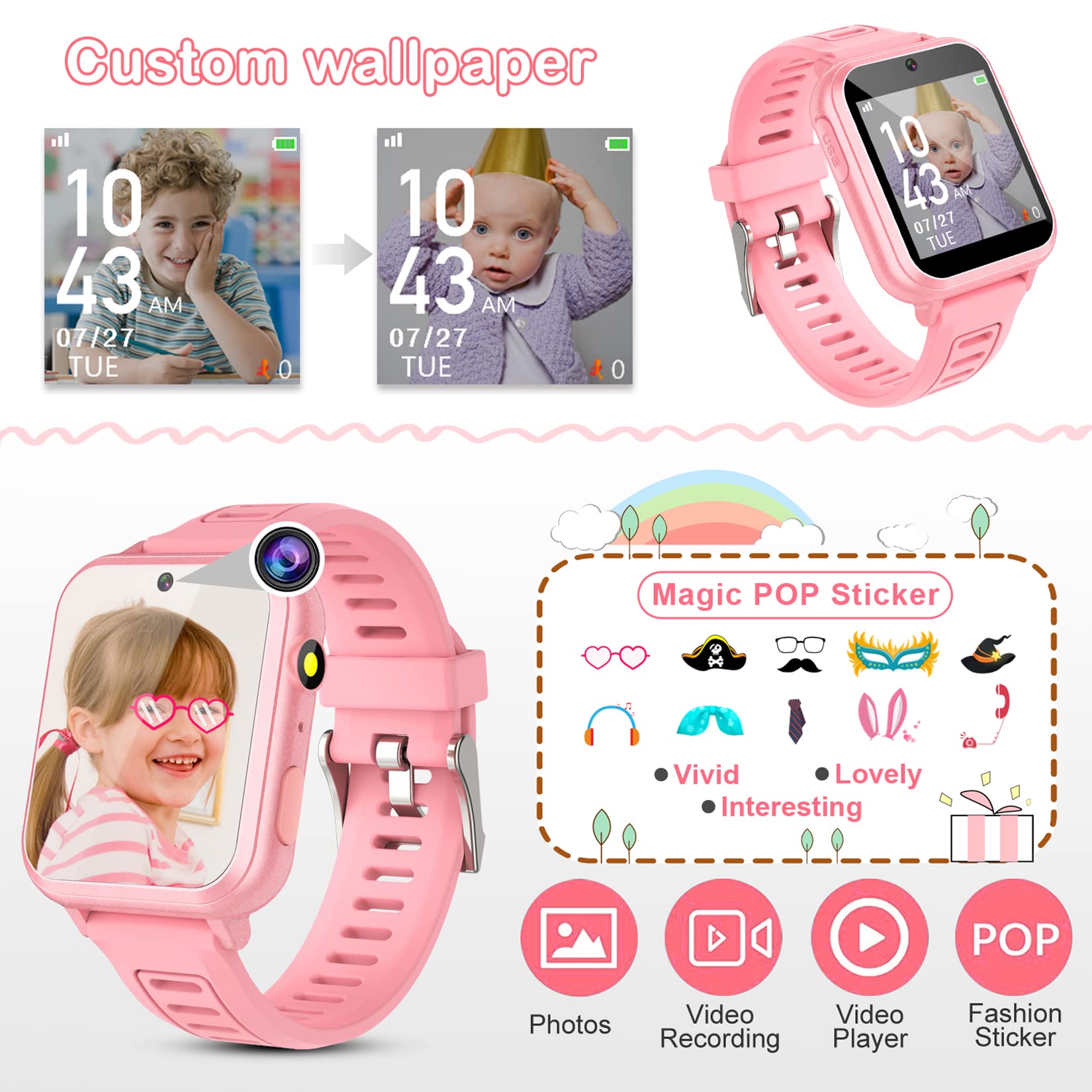 Smart Watch for Kids, Toddler Watch Toys with 39 Games Camera Video Recorder Music Alarm Calculator Calendar Stopwatch Flashlight Pedometer Birthday Gift Toys for 3-12 Year Old Boys and Girls (Pink)