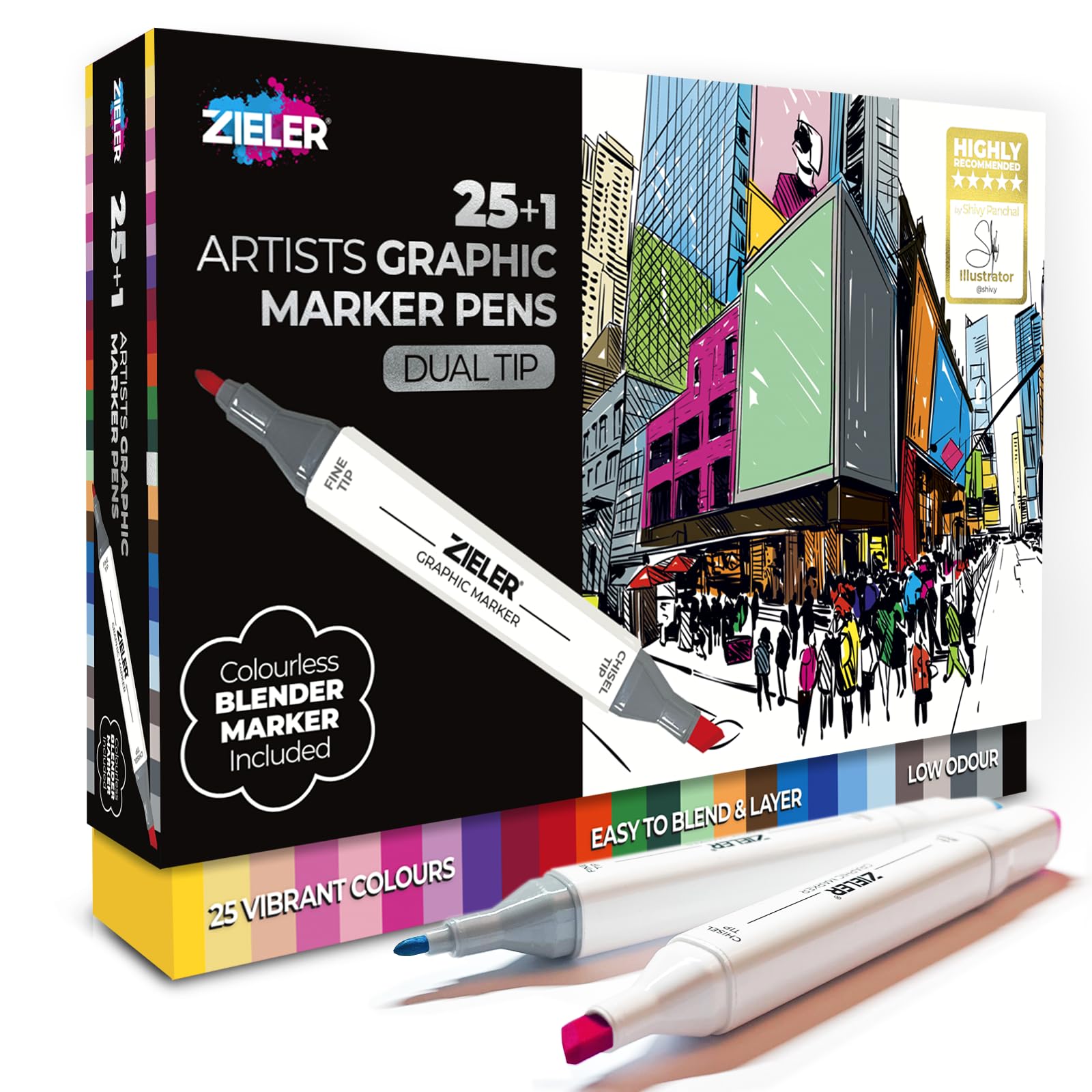 Zieler - 25 + 1 Artists Graphic Marker Dual Tip Pens | Vibrant Colours | Easy to Blend & Layer | Low Odour – Includes Blender Pen
