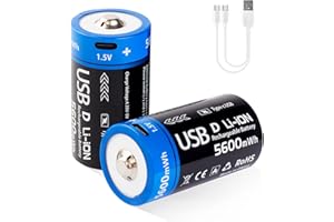 insziii Rechargeable D Lithium Batteries 2 Pack, 1.5V Long-Lasting D Size Li-ion Battery, 5600mWh High Capacity D Cell Battery with USB Type-C Charging Cable, for Flashlight, Water Heater, Gas Stove