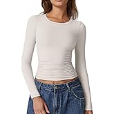 QINSEN Womens Crewneck Long Sleeve Shirt Double Lined Basic Tees Side Ruched Going Out Crop Tops