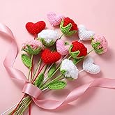 Zeyune 12 Pcs Crochet Flower Bouquet Heart Rose Handmade Knitted Valentine's Day Heart Picks Knitted 16.5 Inch Red Pink White Valentine Vase Filler for Gift Artificial Centerpiece Home Decor