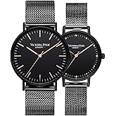 VICTORIA HYDE Couple Watches for Men Women Genuine Leather Strap Stainless Steel Mesh Band His and Hers Waterproof Quartz Wristwatch Gifts Set for Lovers