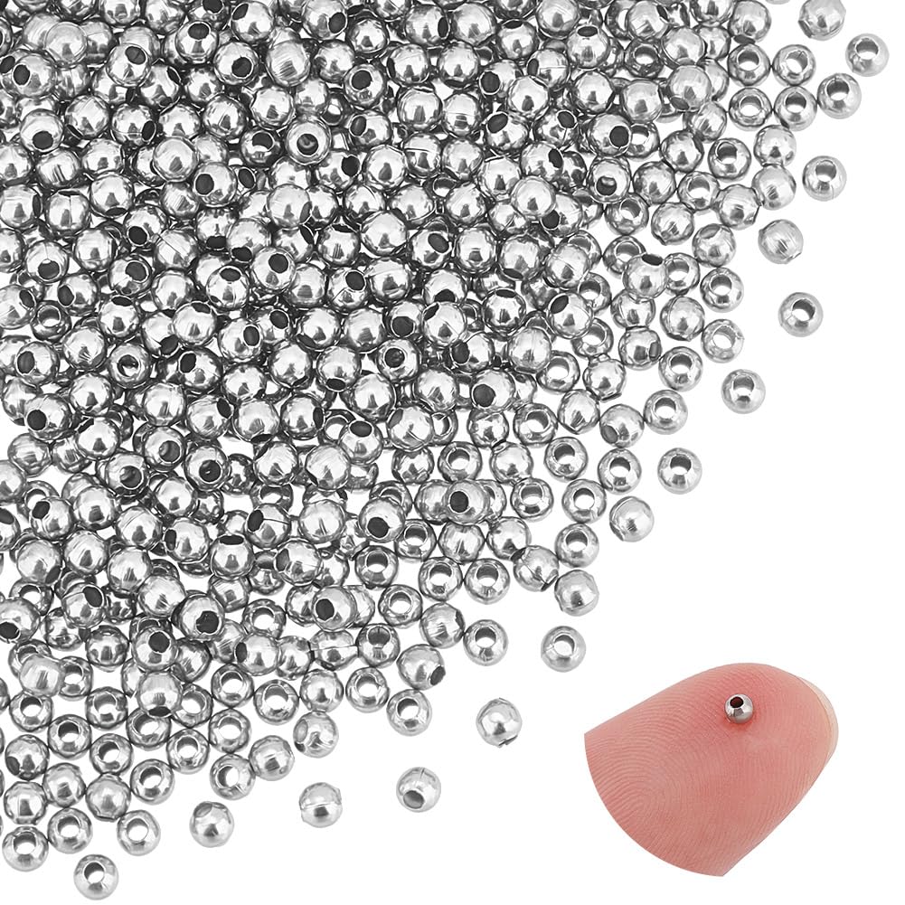 UNICRAFTALE 3000pcs Tiny Round Stainless Steel Spacer Beads - 2mm Diameter, 0.8mm Hole, Smooth, Ideal for DIY Jewelry Making