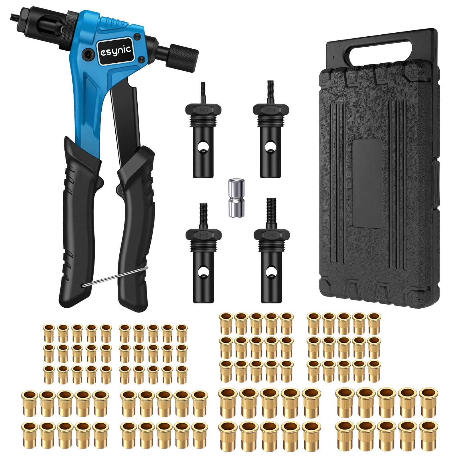 eSynic Rivnut Tool Professional Rivet Nut Gun 8 Inch Rivet Nut Tool Set Hand Rivnut Tool Kit Durable Rivnut Gun with 100pcs M3 M4 M5 M6 Rivet Nut Tools and Carrying Case to Make Your Job Easier