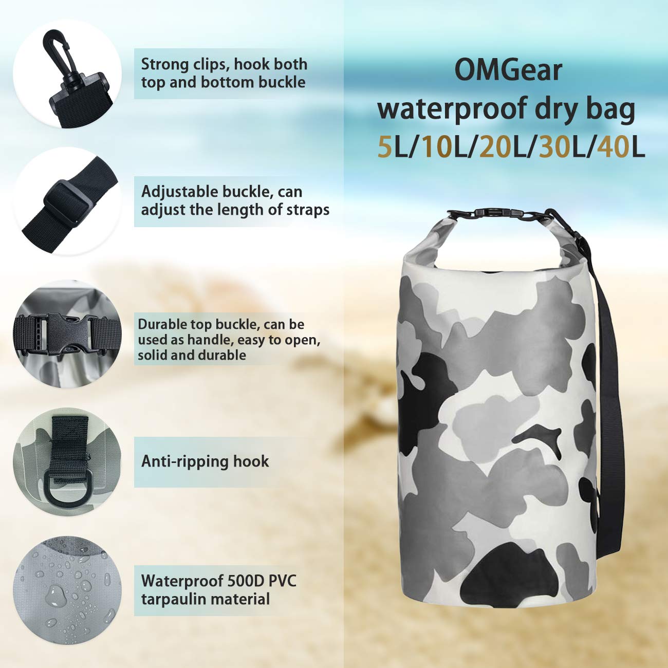 OMGear Waterproof Dry Bag Backpack Waterproof Phone Pouch  40L/30L/20L/10L/5L Floating Dry Sack for Kayaking Boating Sailing Canoeing  Rafting Hiking