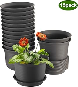 ZOUTOG Flower Pots 6 inch Plastic Planters with Drainage Hole and Tray, Pack of 15 - Plants Not Included, Brown