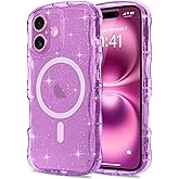 Pepmune Magnetic for iPhone 16 Case Clear, Sparkly Bling Glitter Cute Curly Wave Transparent Cover for Women Men Compatible with MagSafe TPU Shockproof Protective Phone Case for iPhone 16, Purple