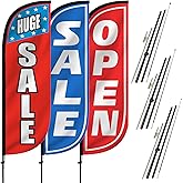 LookOurWay 5-Feet Tall Feather Flag Banner for Business Advertising 3-Pack, Includes 3 Banner Flags, 3 Aluminum Fiberglass Pole Sets, and 3 Ground Spikes (Huge Sale Stars, Sale Blue, Open Red/White)
