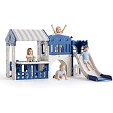 Garvee 9 in 1 Toddler Slide Set, Kids Slide for Toddlers 1-3 with Activity Table, Basketball Hoop, Telescope &amp; Tunnel, Climber Slide, Baby Outdoor Indoor Playset Playground (Gray Blue)