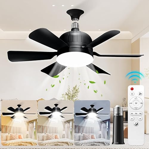 Socket Fan Light with Remote Control - socket ceiling fan 18-in ceiling fans with lights and remote Ideal for Bedroom Kitchen Dining Room and Living Room balcony Garage restaurant shop indoor.(black)