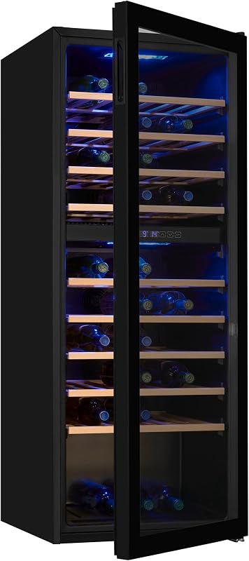 ® Vinoteca para 78 Botellas, 194L, Negro, Clase G, Doble Zona de Temperatura 5-20°C, Control Digital, Puerta de Cristal Reversible, Iluminación LED, 9 Estantes, Medidas (128,5 x 49 x 57,5 cm)