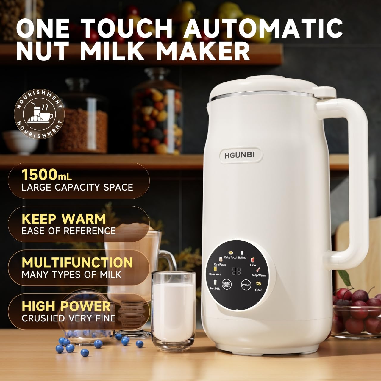 Máquina automática para hacer leche de nueces 8 en 1, máquina para hacer leche de soja de 50 oz con 12 cuchillas, licuadora para hacer leche de nueces para leche vegetal casera, avena, soja, con autolimpieza, mantener caliente, retraso de 12 horas