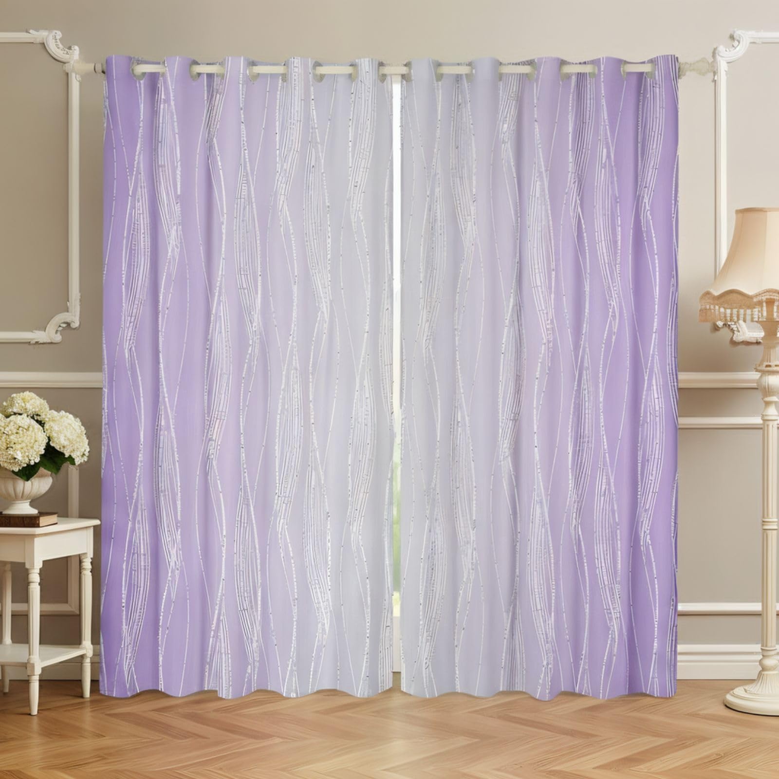 Homewish Lilac And Greyish White Window Curtains 46" Wx72 L Abstract Lavender Ombre Curtains For Bedroom Living Room Gradient Violet Drapes, Geometric Wavy Stripe Decor 2 Panels