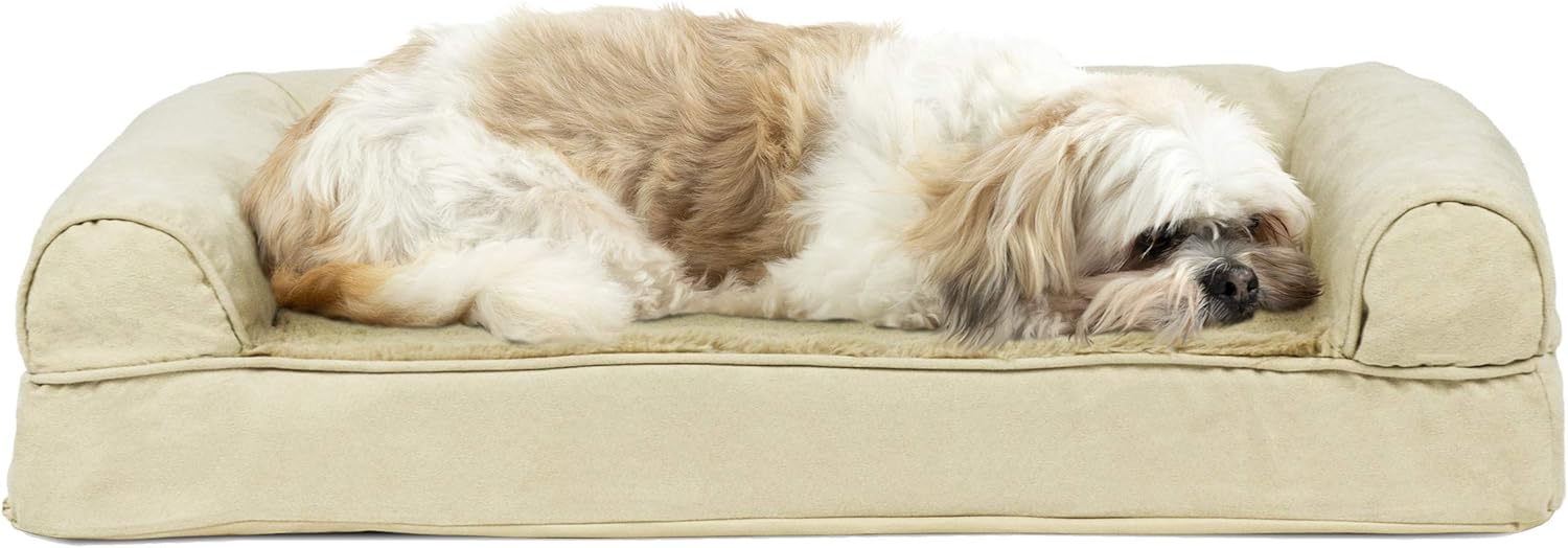 Furhaven Pet Dog Bed - Cooling Gel Memory Foam Ultra Plush Faux Fur and Suede Traditional Sofa-Style Living Room Couch Pet Bed with Removable Cover for Dogs and Cats, Clay, Medium : Pet Supplies