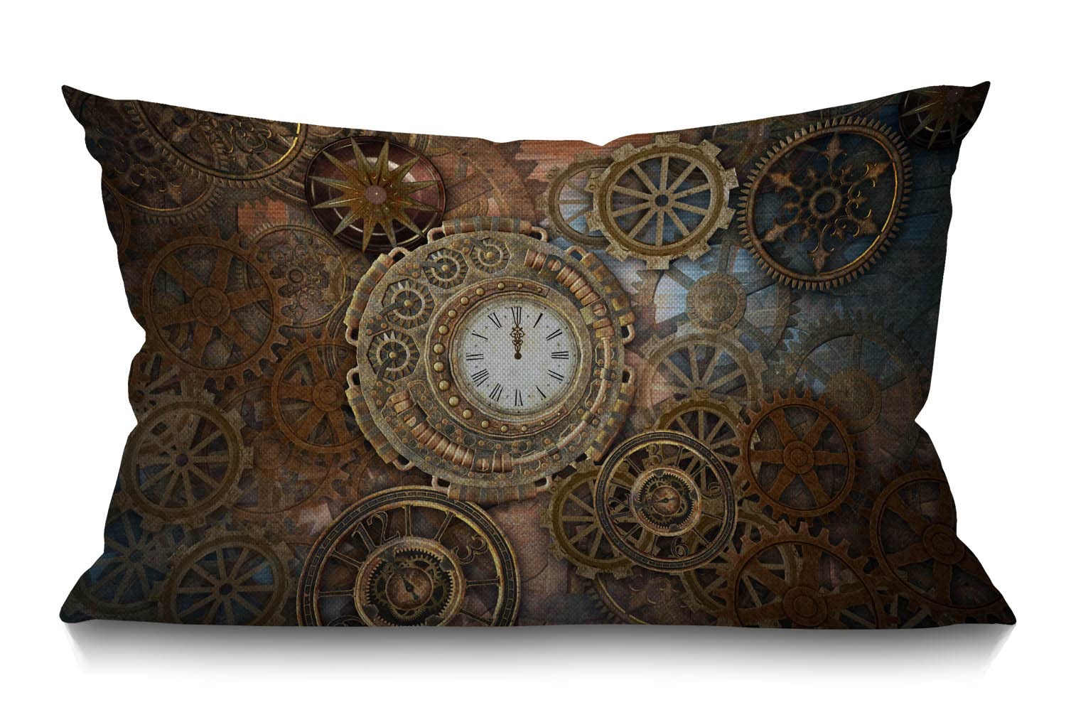 BGBDEIA Steampunk Cushion Cover Farmhouse Rusty steampunk with clock and different gears metal machine gold bronze Decorations Pillow Cover Case for Sofa Couch Cotton Linen 30 x 50 cm 12x20 Inches