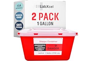LabXcel Polypropylene 1 Gallon Sharps Container with Cap – Needle & Syringe Disposal for Home & Professional Use, Free Standing, Translucent Sliding Lid, PVC-Free Medical Waste Bin – Red, 2 Count