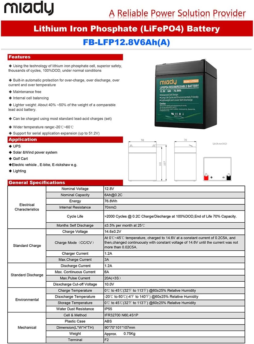 for Kid Scooters 2000 Cycles 12V 6Ah Miady Lithium Iron Phosphate