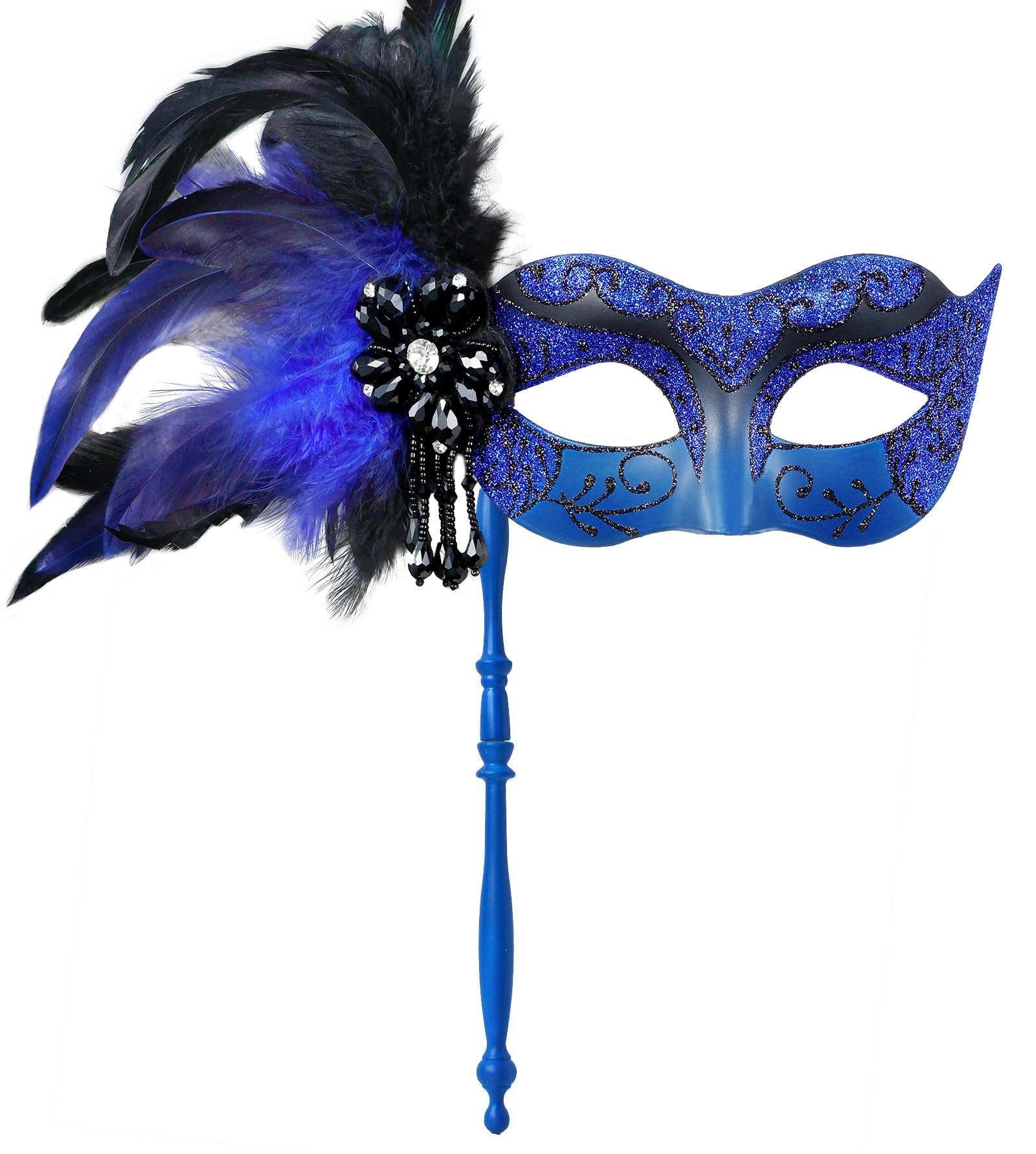 Photo 1 of MYSEUNI 2025 New Blue and Black Masquerade Mask for Women with Stick - Shiny Women's Feather Mardi Gras Venetian Mask for Halloween Parties, Carnival, Prom, Christmas, Wedding, Bar, Costume Accessory