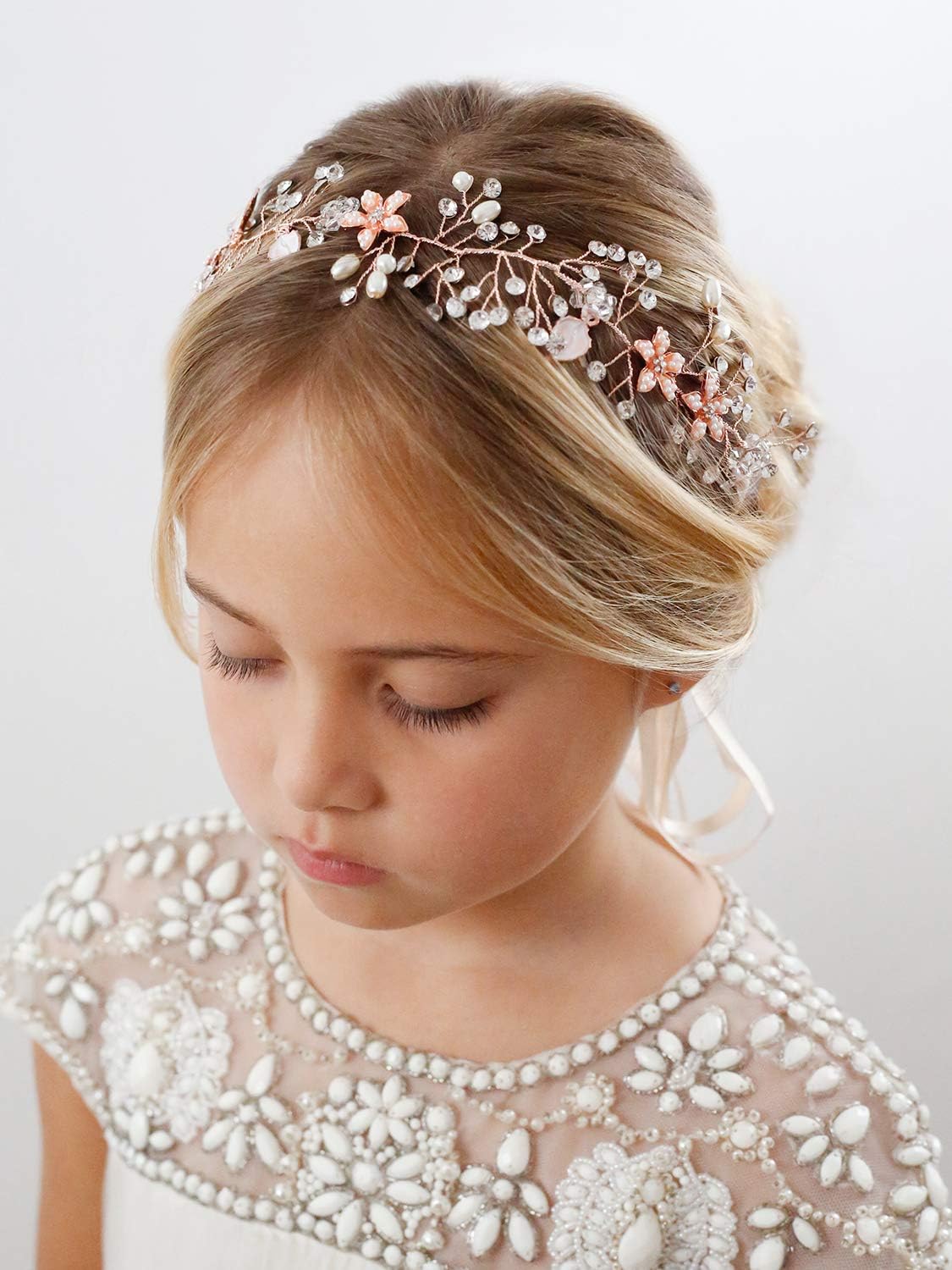 SWEETV Flower Girl Headband for Wedding, Baby’s Breath Hair Piece, Rose