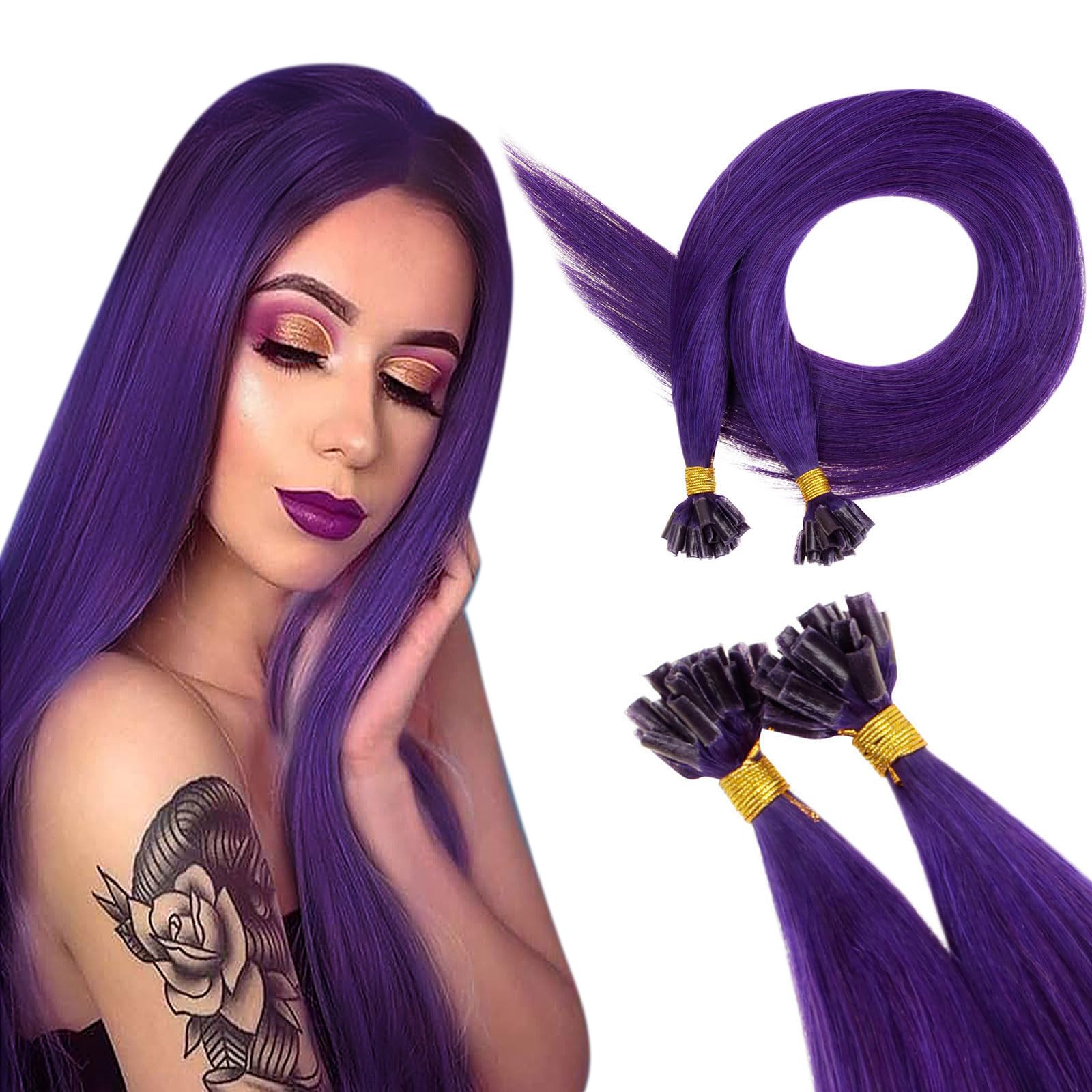 RUNATURE U Tip Hair Extensions Purple Human Hair Keratin Hair Extensions Purple U Tipped Extensions Real Human Hair Purple 18 Inch 25Gram — image 1