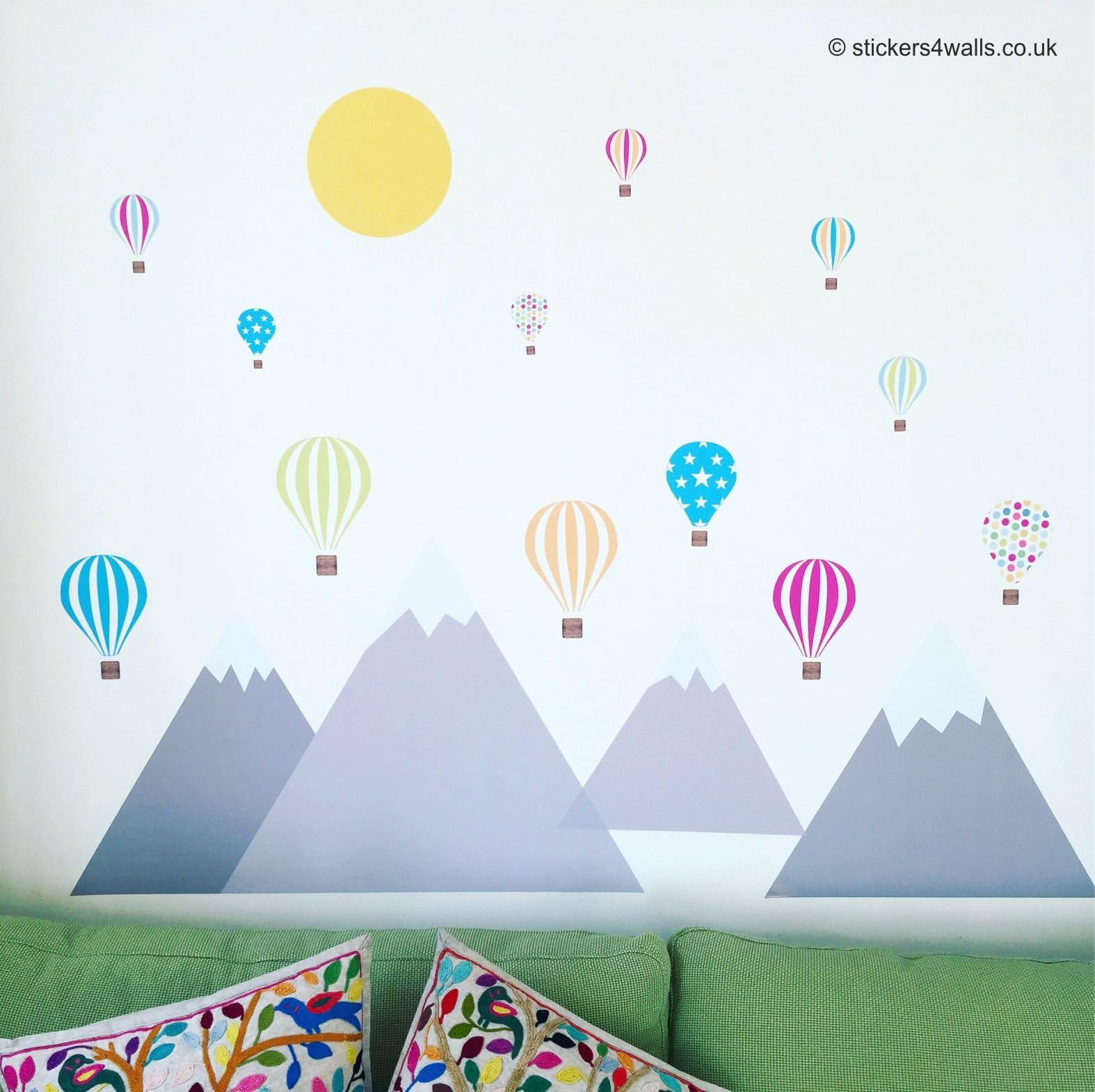 Reusable Large Fabric Mountains and Hot Air Balloons Wall Stickers, Mountain Wall Art Decals for Kids Bedroom, Playroom or Nursery