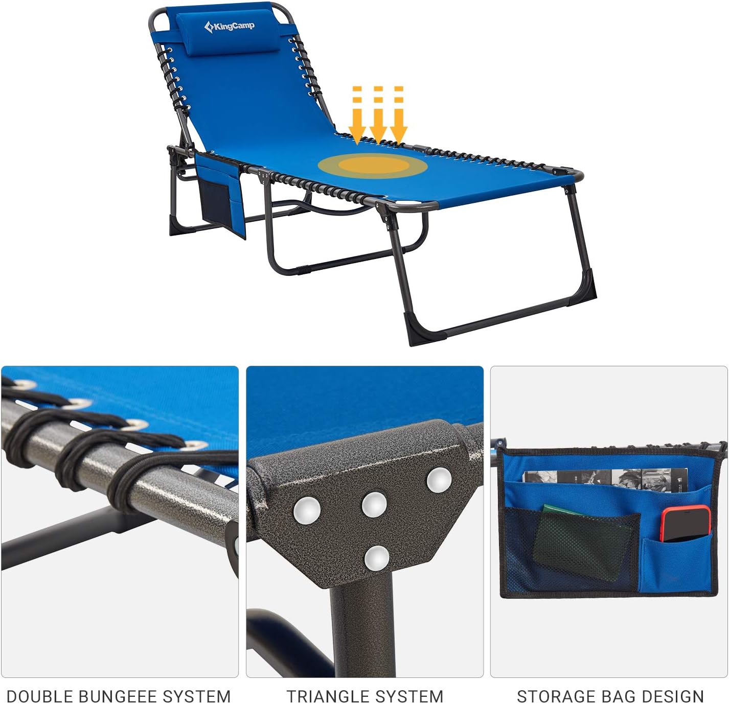 KingCamp Adjustable 4-Position Outdoor Chaise Lounge Chair Heavy Duty Camping Recliner Folding Cot with Pillow Pocket for Patio Garden Yard Lawn Sunbathing Beach Pool, Supports 265lbs: Sports & Outdoors