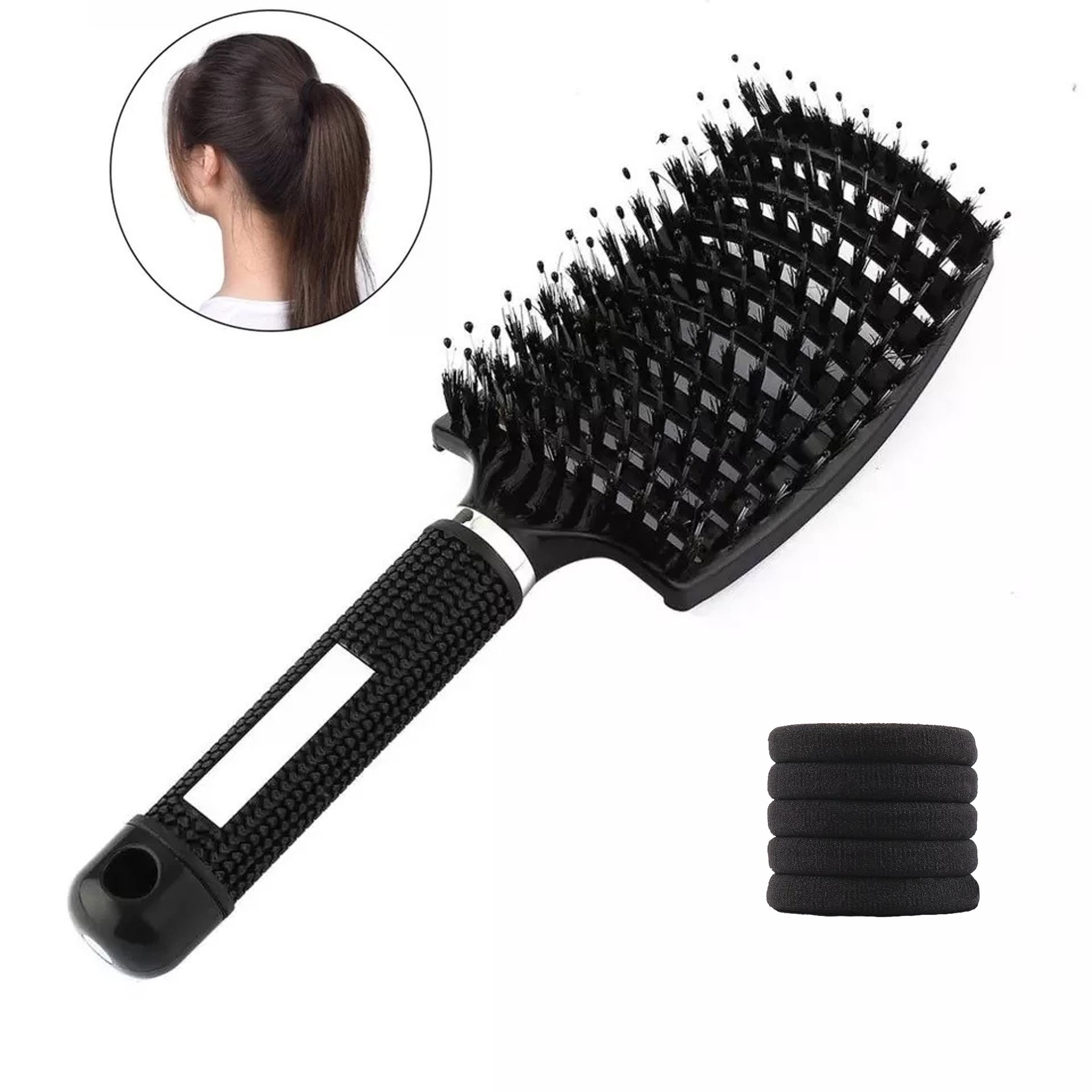 Hair Brush + 5 Scrunchies - No Pull - Massage Effect - Detangling Comb - Jabali Bristle Brush - All Hair Types (Black)