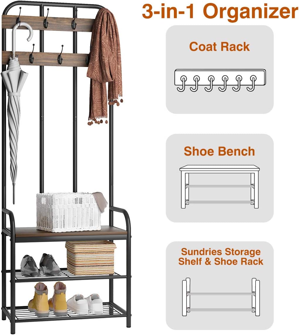 3-in-1 Entryway Coat Rack, LANGRIA Vintage Metal and Wood Hall Tree with Storage Bench Shoe Rack Entryway Storage Shelf Organizer for Home Bedroom Office Clothes Hats: Home Improvement