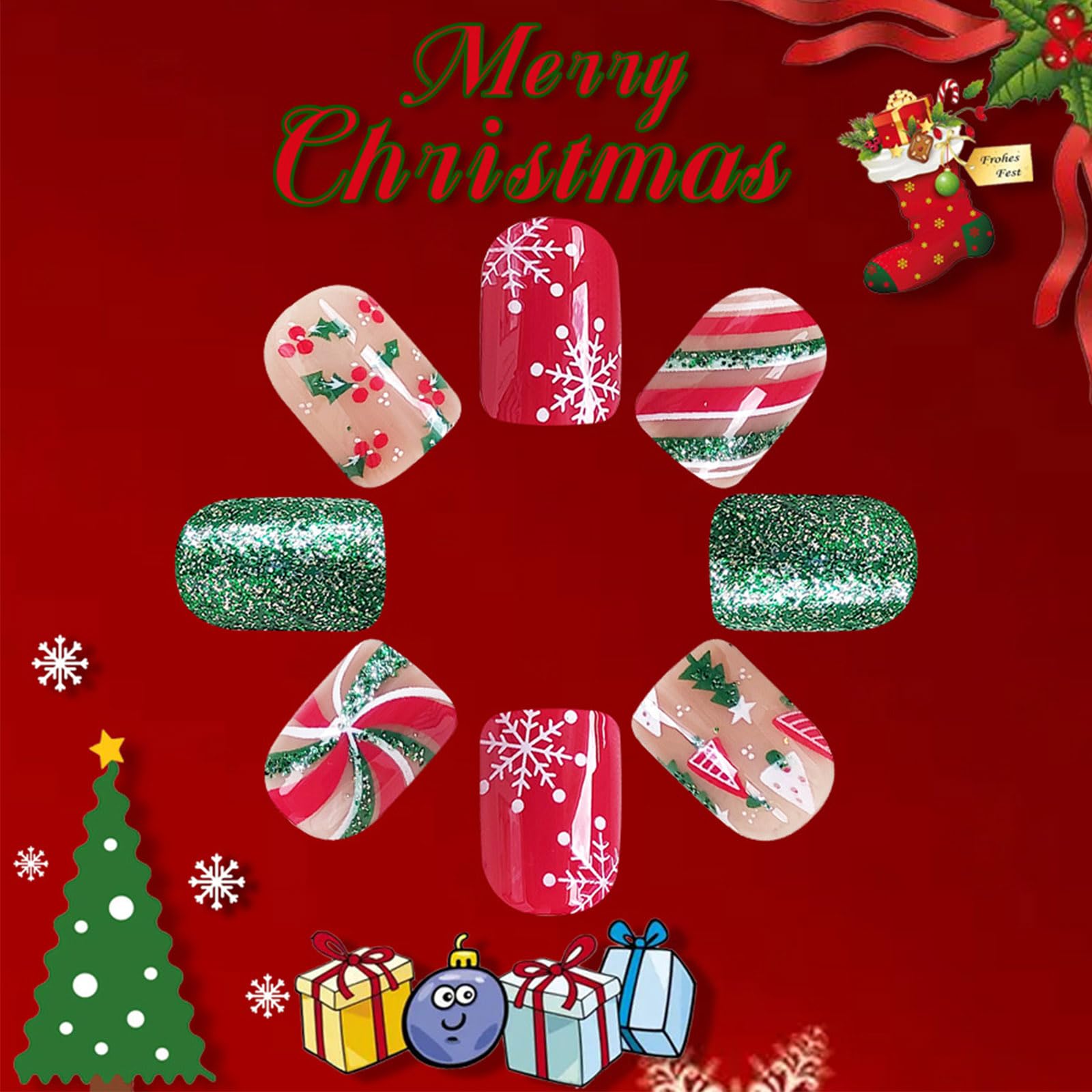 Christmas Holly Press on Nails Glossy Green Glitter Curve Line False Nails Short Square Snowflake Fake Nails Gel Glue on Nails Christmas Tree Stick on Nails for New Years Gifts 24 Pcs Merry Christmas - Image 2