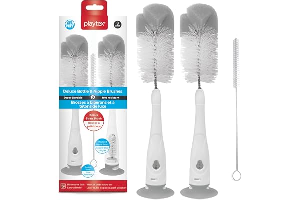 Playtex Baby Deluxe Bottle & Nipple Brushes – 3 Piece Baby Bottle Cleaning Brush with Sponge Tip, Suction Base & Straw Brush