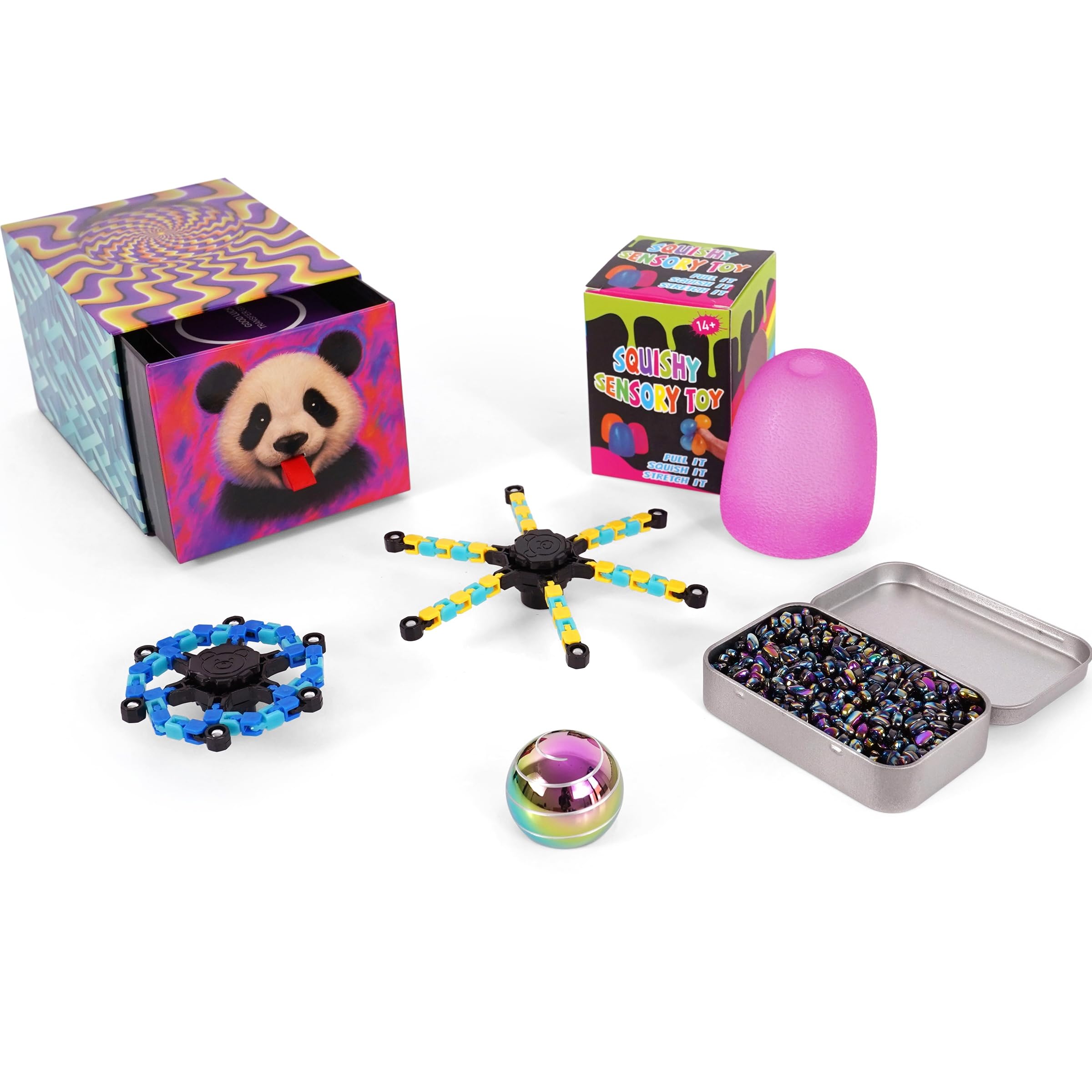 Ultimate Fidgets Gift Box – Magnet Putty, 2 Fidget Spinners, Squishy Stress Ball, Desk Toy Spinning Gyro, Calming Sensory Toys for Autism – Helps with Anxiety and ADHD. Fidget Toys for Adults & Kids