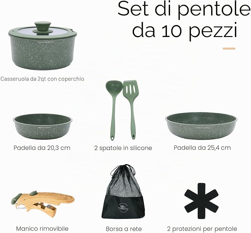 Set di Pentole da 10 Pezzi, con Manico Rimovibile, Verde