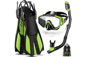 Odoland 4 in 1 Snorkel Set Adult, Snorkeling Packages with Dry Top Diving Mask, Adjustable Swim Fins, Mesh Bag, Anti-Fog Anti