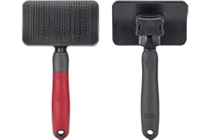 KONG Large Self-Cleaning Slicker Brush – Easy Hair Removal, Reduces Shedding, Non-Slip Grip, Long Metal Pins, for Medium to Large Dogs with Medium to Long Coats, Red/Gray