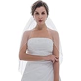 SAMKY 1T 1 Tier Pearl Crystal Beaded Bridal Wedding Veil