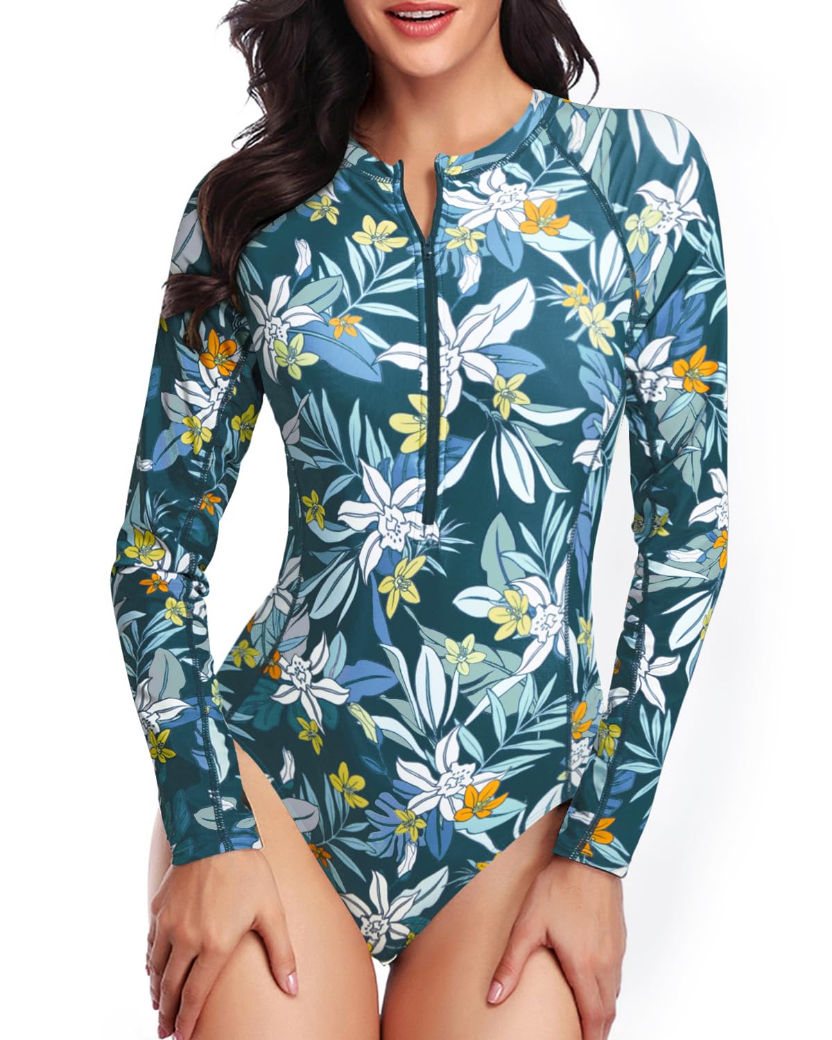 Photo 1 of Daci Women Blue Flower Zipper Rash Guard Long Sleeve One Piece Swimsuit Surfing Bathing Suit UPF 50 L