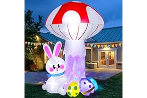 MICOCAH 6 FT Easter Inflatables Outdoor Decorations, Easter Inflatable Bunny with Giant Mushroom and Colorful Eggs Lighted Blow Up Yard Decoration for Holiday Party Lawn Garden Indoor Decor