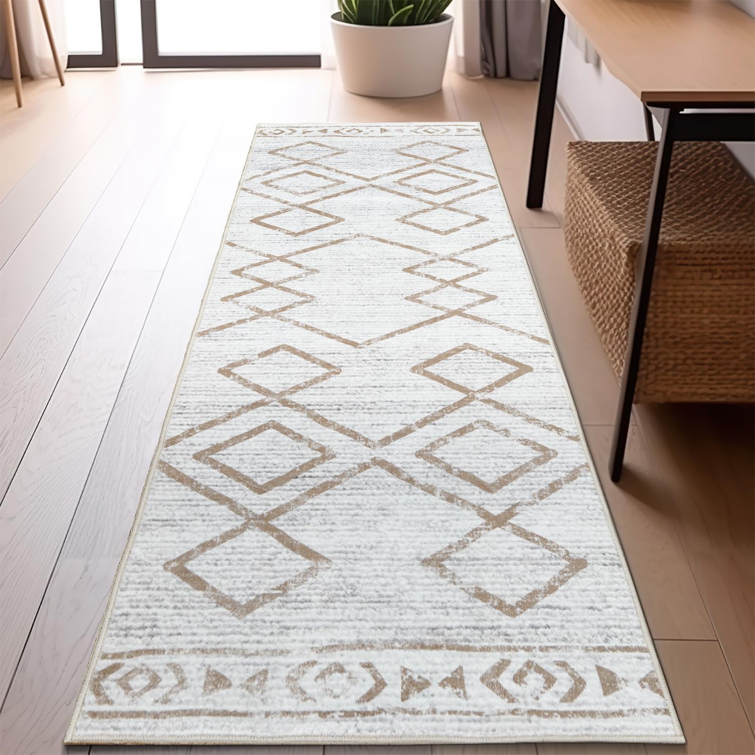 Photo 1 of jinchan Moroccan Runner Rug 2x6 - Kitchen Machine Washable Runner Rug Modern Geometric Soft Low-Pile Lightweight Non-Slip Carpet for Entryway Hallway Laundry Room Bedroom Farmhouse (2x6ft,Taupe)
