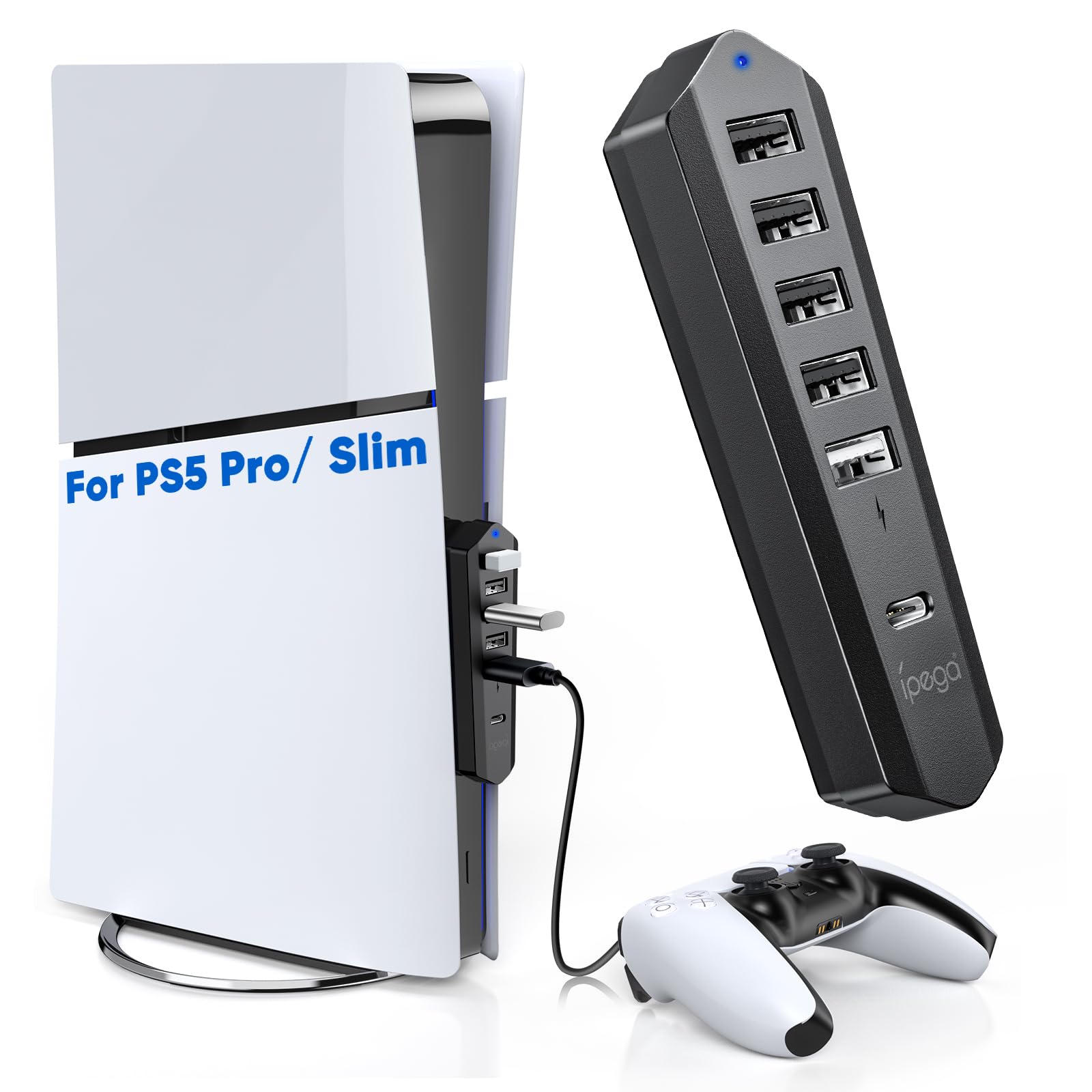 Photo 1 of 6 Ports USB Hub Only for PS5 Pro/Slim Console Disc & Digital, High-Speed USB Port Extender for PS5 Accessories, Charging Adapter with 1 Type C 3.0 + 4 USB-A 2.0 + 1 Port