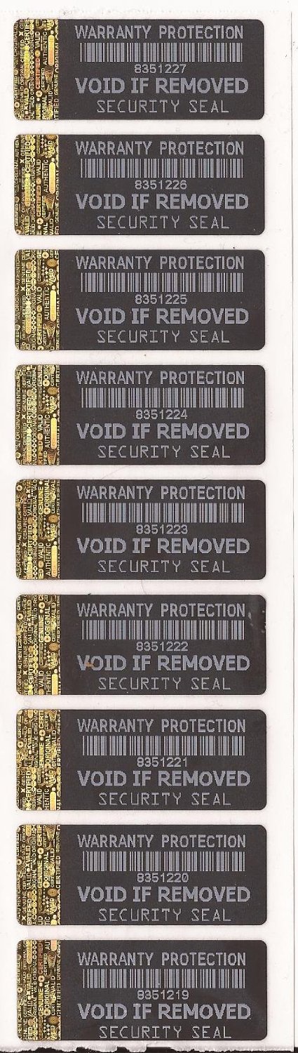 Warranty Protection Black Tamper Evident Security Labels with Gold Hologram Strip to Short Edge X 500 Each with Unique Serial Number