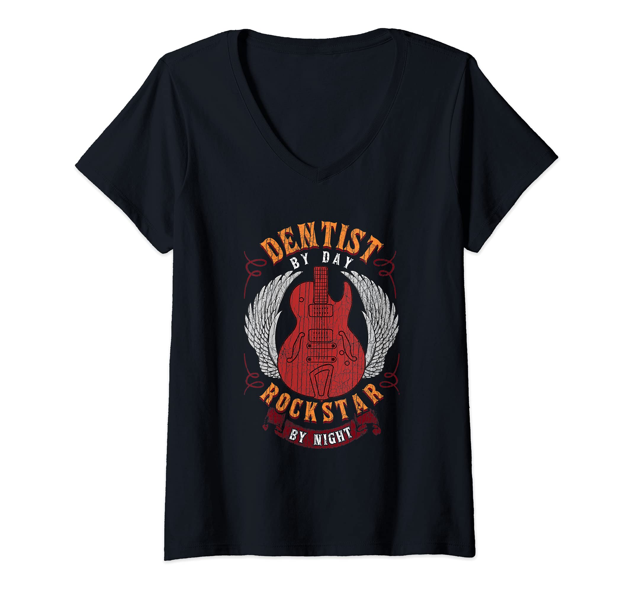 Womens Dentist By Day Rockstar By Night Funny Dental Healthcare V-Neck T-Shirt