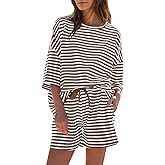Fisoew Womens Striped 2 Piece Outfits Sweatsuits 3/4 Sleeve Oversized Tops High Waisted Shorts Casual Lounge Sets