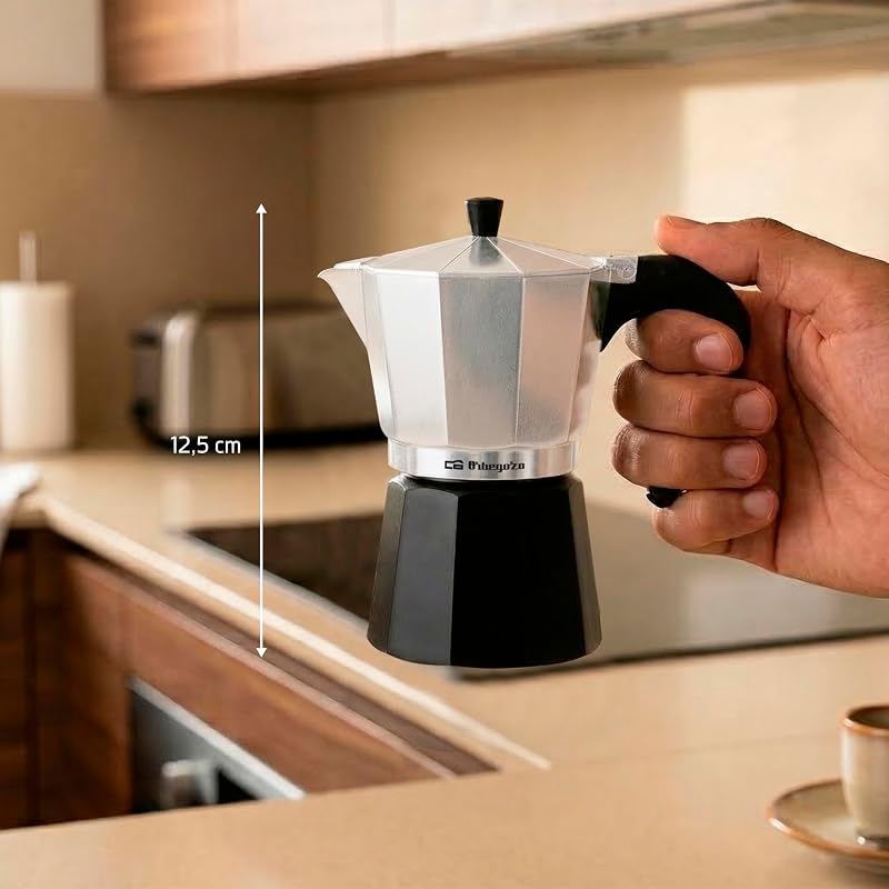 KFM 130, Cafetera Italiana, 1 taza, apta para cocina de gas, vitrocerámica y eléctricas, mango ergonómico, válvula seguridad, color negro