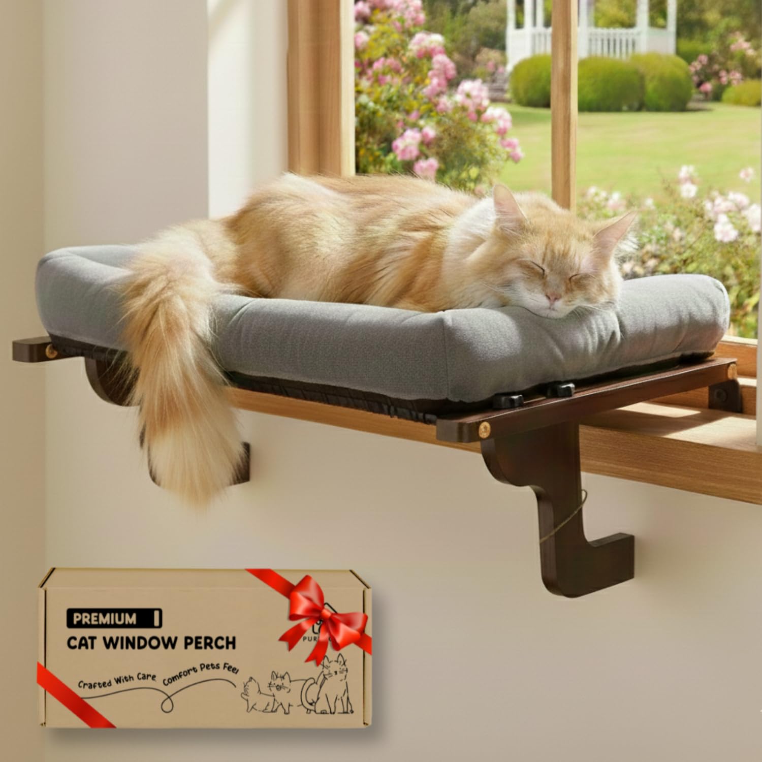 Photo 1 of [Ready to Gift] PURRHOUSE Cat Window Perch with Cushion Bolster and Cool Pad, Cat Hammocks for Windows with Wood & Robust Metal Frame for Large Cats, Beds for Windowsill, Bedside and Cabinet,24''W